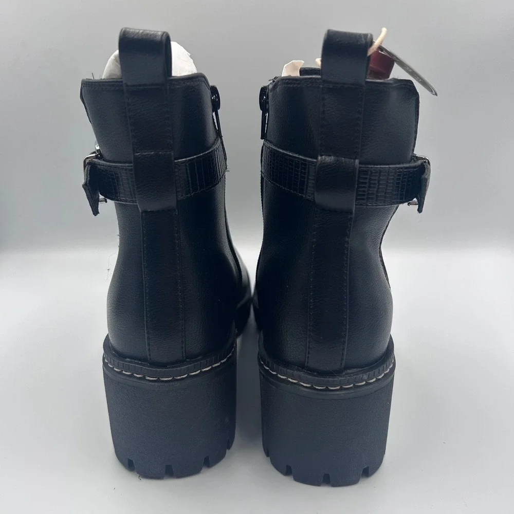 MIA 1976 Womens Black Lug Sole Ankle Boots Buckle Strap Side Zip Size 8 NEW